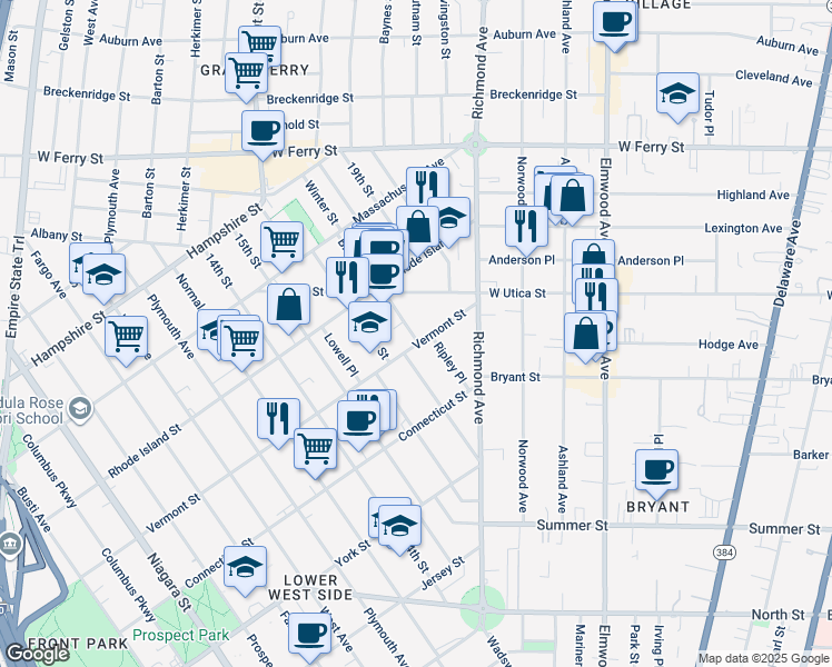map of restaurants, bars, coffee shops, grocery stores, and more near 26 Brayton Street in Buffalo