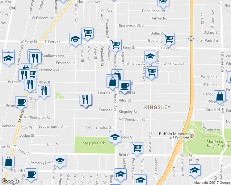 map of restaurants, bars, coffee shops, grocery stores, and more near Jefferson Avenue & Landon Street in Buffalo