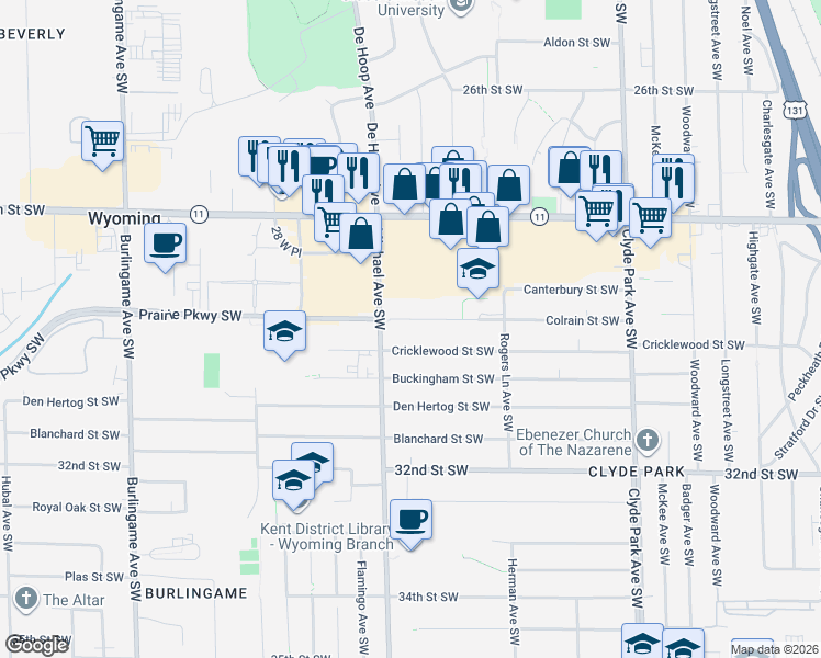 map of restaurants, bars, coffee shops, grocery stores, and more near 1117 Colrain Street Southwest in Wyoming