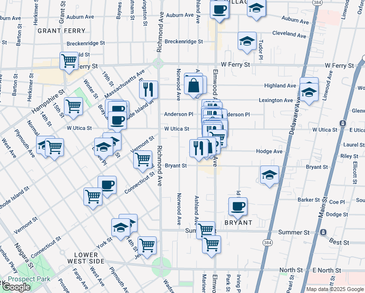 map of restaurants, bars, coffee shops, grocery stores, and more near 193 Norwood Avenue in Buffalo
