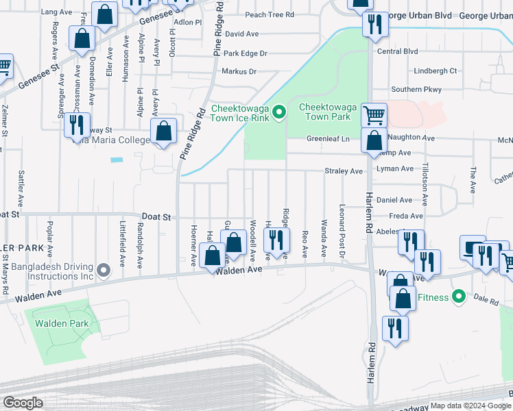 map of restaurants, bars, coffee shops, grocery stores, and more near 97 Woodell Avenue in Buffalo