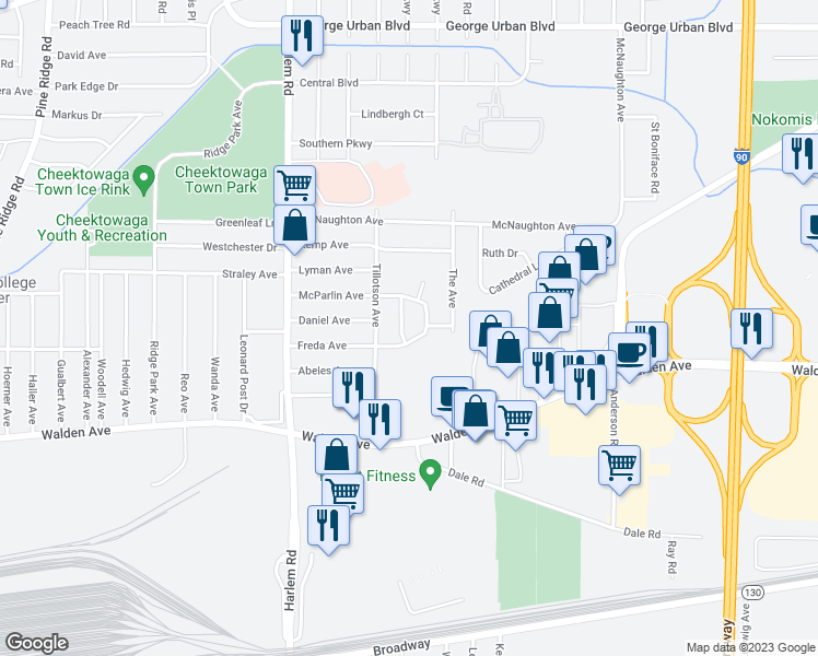 map of restaurants, bars, coffee shops, grocery stores, and more near 13 Paradise Court in Buffalo