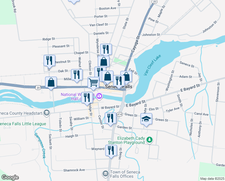 map of restaurants, bars, coffee shops, grocery stores, and more near in Seneca Falls