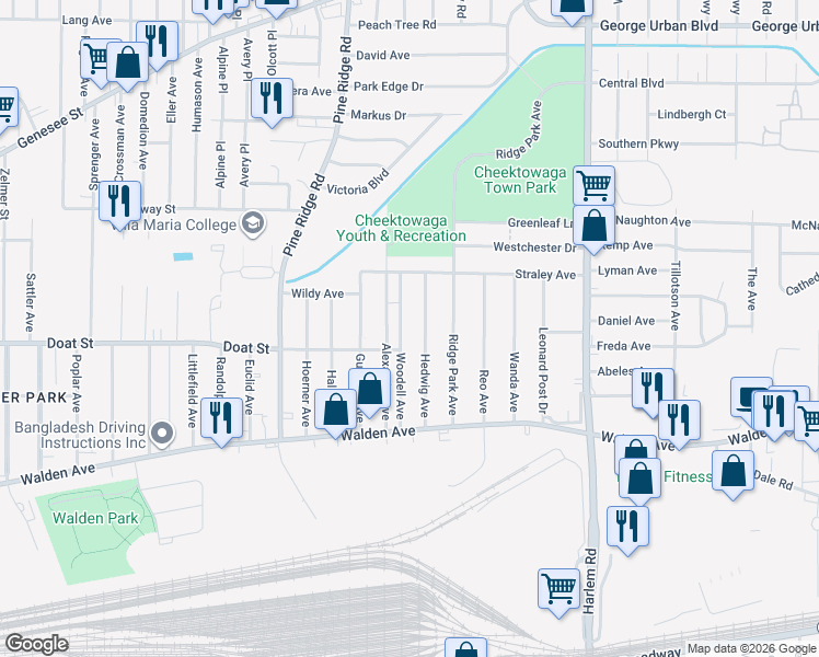 map of restaurants, bars, coffee shops, grocery stores, and more near 108 Woodell Avenue in Buffalo