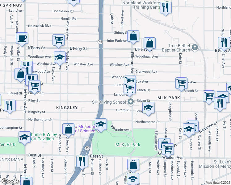 map of restaurants, bars, coffee shops, grocery stores, and more near 649 East Utica Street in Buffalo