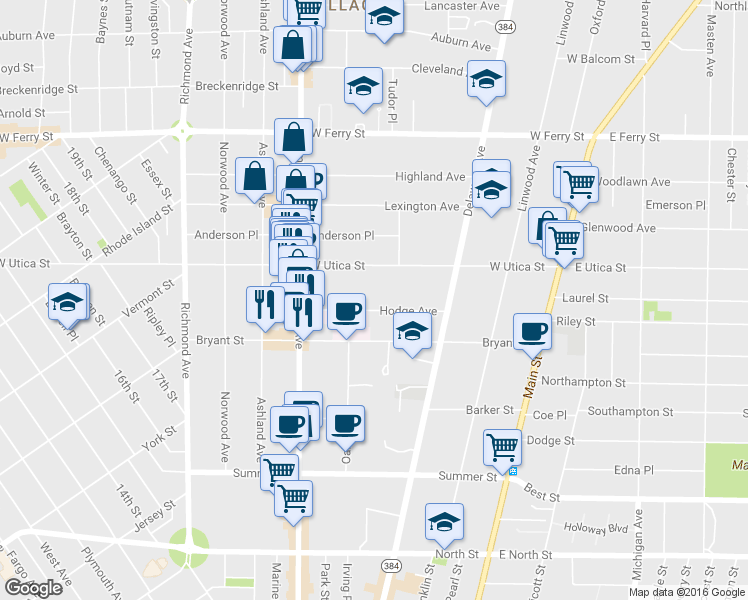 map of restaurants, bars, coffee shops, grocery stores, and more near 204 West Utica Street in Buffalo