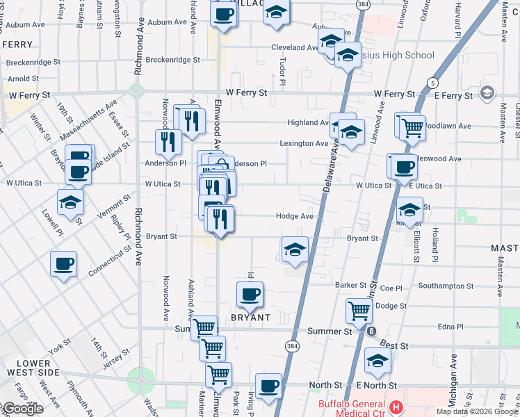 map of restaurants, bars, coffee shops, grocery stores, and more near 204 West Utica Street in Buffalo