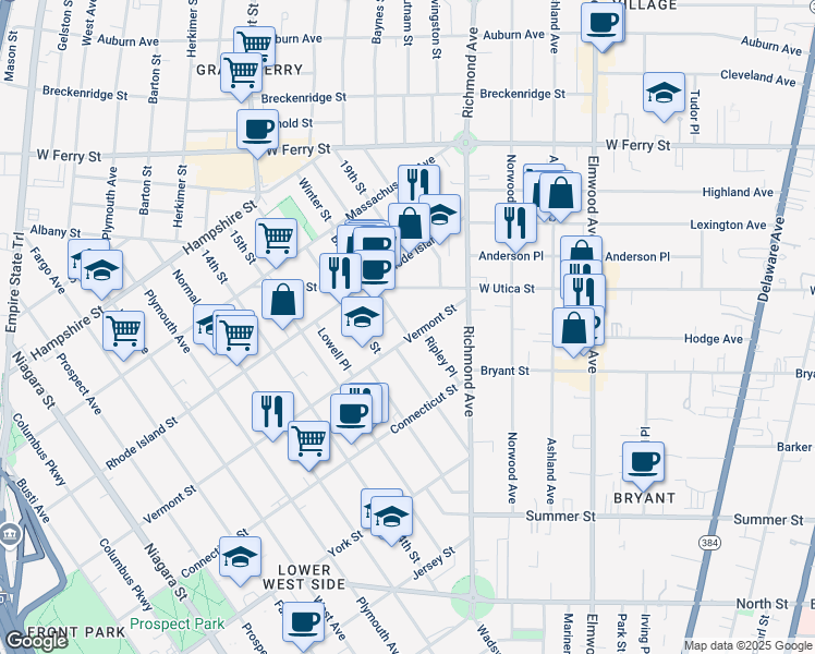 map of restaurants, bars, coffee shops, grocery stores, and more near 26 Brayton Street in Buffalo