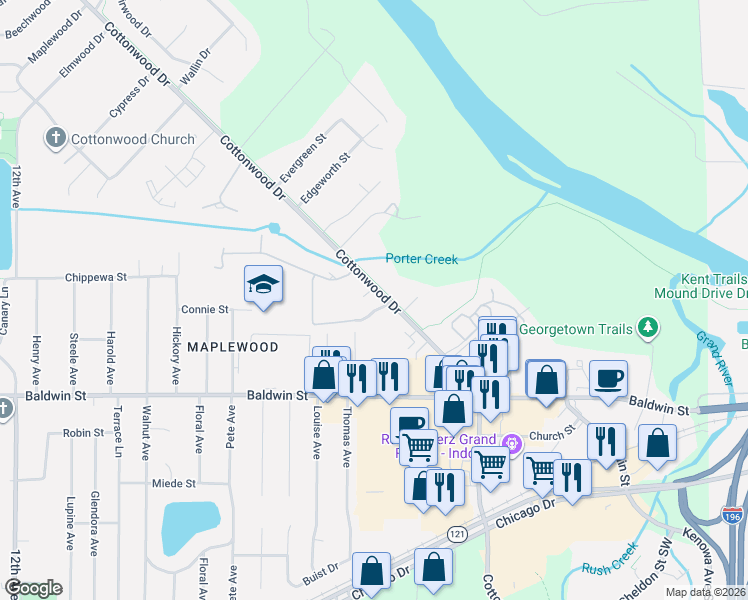 map of restaurants, bars, coffee shops, grocery stores, and more near 7875 Cottonwood Drive in Georgetown Township