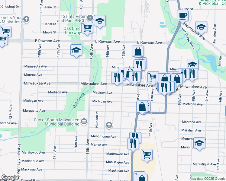 map of restaurants, bars, coffee shops, grocery stores, and more near 1325 Milwaukee Avenue in South Milwaukee