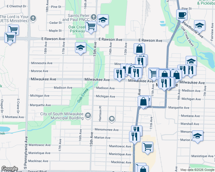 map of restaurants, bars, coffee shops, grocery stores, and more near 1405 Milwaukee Avenue in South Milwaukee