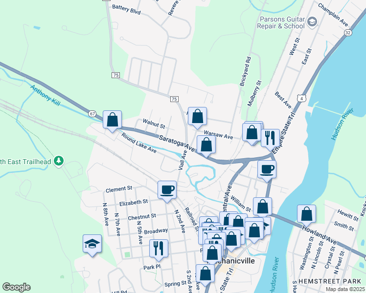 map of restaurants, bars, coffee shops, grocery stores, and more near 173 Saratoga Avenue in Mechanicville