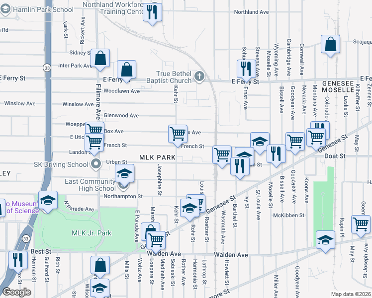 map of restaurants, bars, coffee shops, grocery stores, and more near 212 French Street in Buffalo