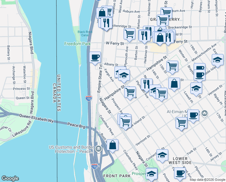 map of restaurants, bars, coffee shops, grocery stores, and more near 907 Prospect Avenue in Buffalo