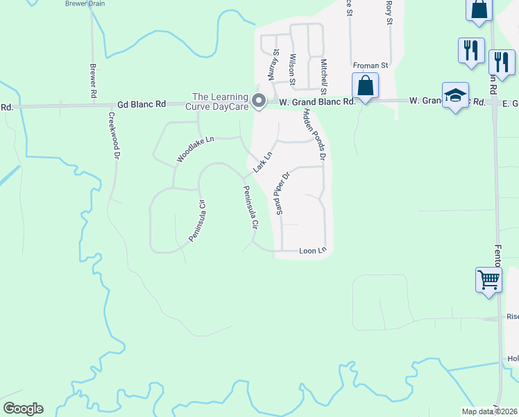 map of restaurants, bars, coffee shops, grocery stores, and more near 8317 Peninsula Circle in Grand Blanc