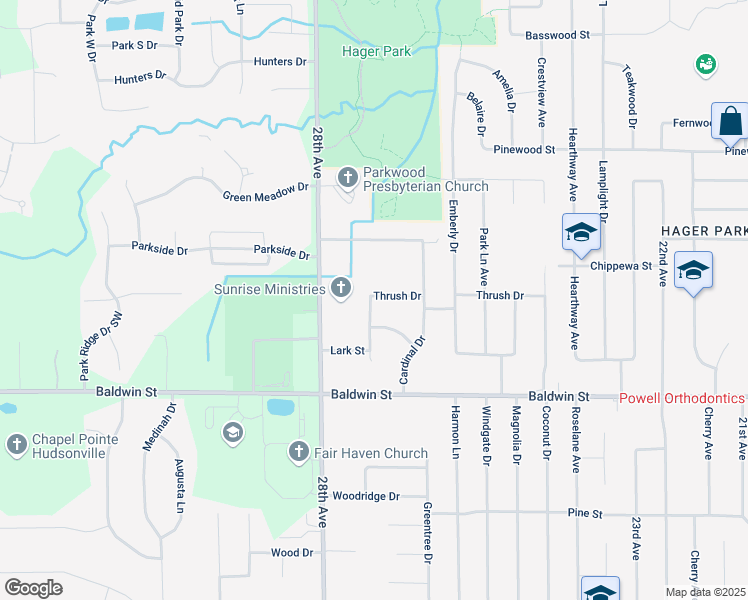 map of restaurants, bars, coffee shops, grocery stores, and more near 2687 Thrush Drive in Georgetown Township
