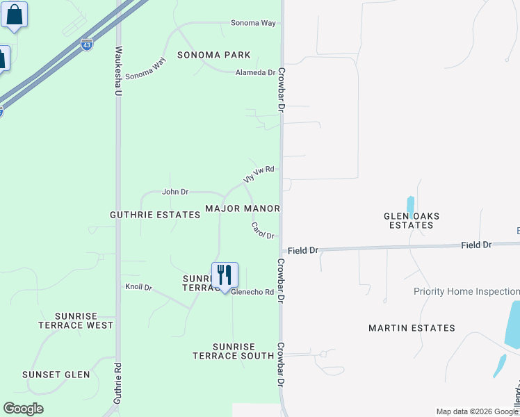map of restaurants, bars, coffee shops, grocery stores, and more near W221S7365 Carol Drive in Muskego