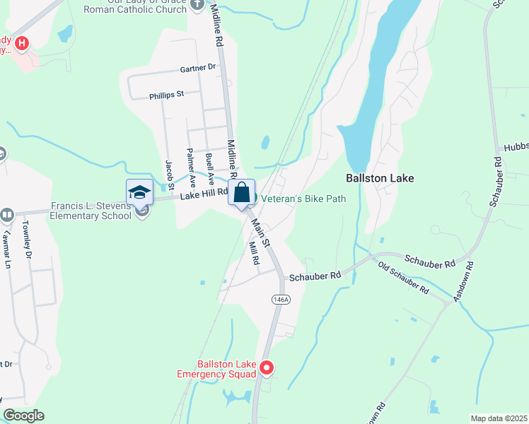 map of restaurants, bars, coffee shops, grocery stores, and more near 13 Main Street in Ballston Lake