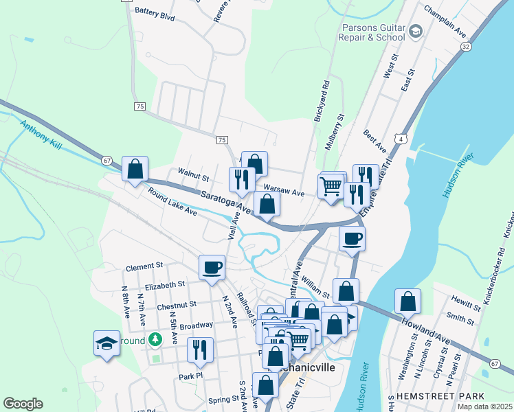 map of restaurants, bars, coffee shops, grocery stores, and more near 21 Farrell Street in Mechanicville