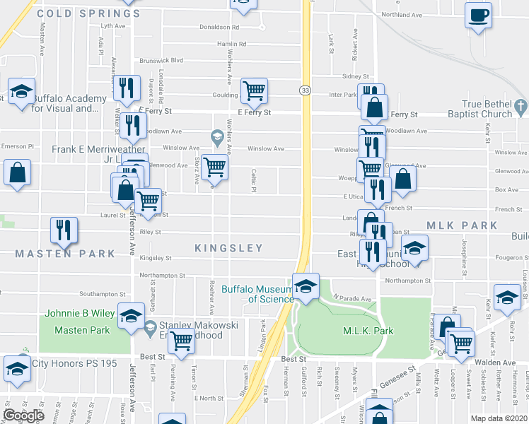 map of restaurants, bars, coffee shops, grocery stores, and more near 214 Landon Street in Buffalo