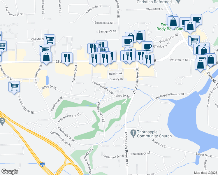 map of restaurants, bars, coffee shops, grocery stores, and more near 2994 Chapshire Drive Southeast in Grand Rapids