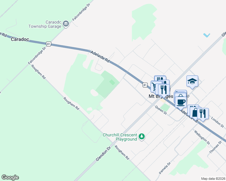 map of restaurants, bars, coffee shops, grocery stores, and more near 601 Lions Park Drive in Mount Brydges