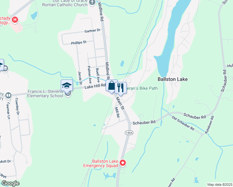 map of restaurants, bars, coffee shops, grocery stores, and more near 10 Main Street in Ballston Lake