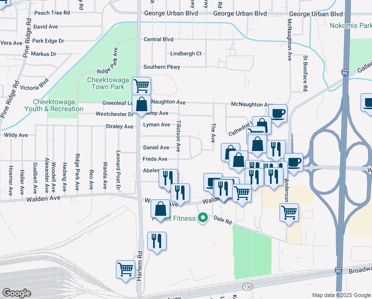 map of restaurants, bars, coffee shops, grocery stores, and more near 26 Paradise Court in Buffalo