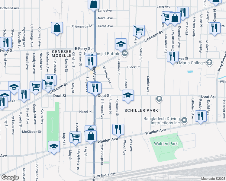 map of restaurants, bars, coffee shops, grocery stores, and more near 4 Warring Avenue in Buffalo