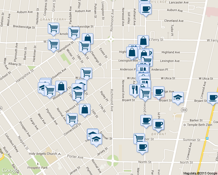 map of restaurants, bars, coffee shops, grocery stores, and more near 295 Richmond Avenue in Buffalo