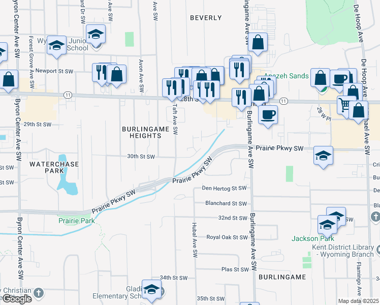 map of restaurants, bars, coffee shops, grocery stores, and more near 1845 30th Street Southwest in Wyoming