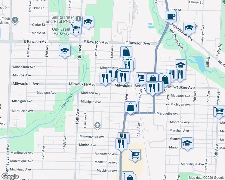 map of restaurants, bars, coffee shops, grocery stores, and more near 1301 Milwaukee Avenue in South Milwaukee