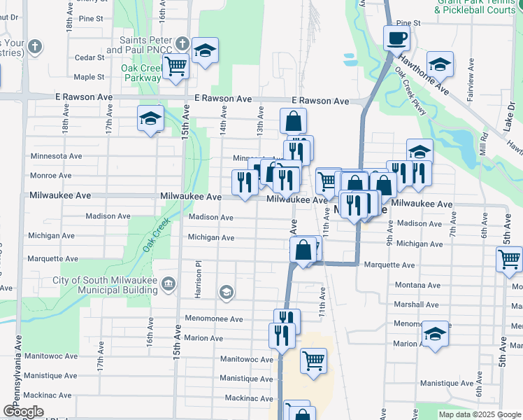 map of restaurants, bars, coffee shops, grocery stores, and more near 1301 Milwaukee Avenue in South Milwaukee