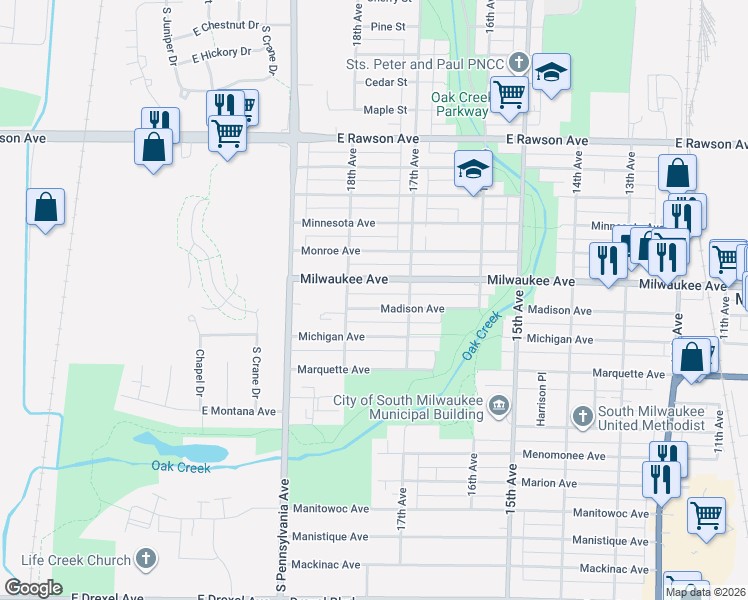 map of restaurants, bars, coffee shops, grocery stores, and more near 1719 Milwaukee Avenue in South Milwaukee