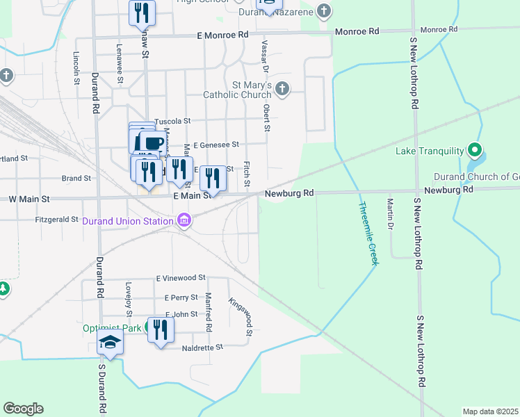 map of restaurants, bars, coffee shops, grocery stores, and more near 109 South Russell Street in Durand
