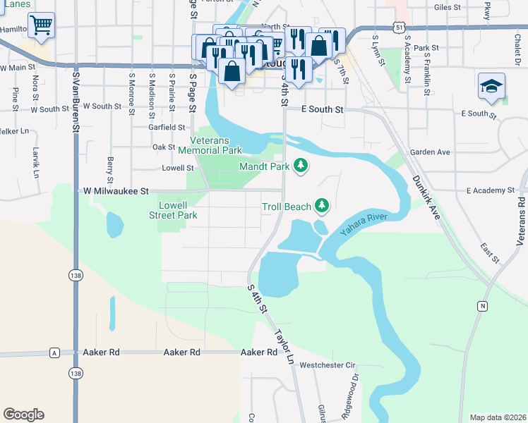 map of restaurants, bars, coffee shops, grocery stores, and more near 1000 South 4th Street in Stoughton