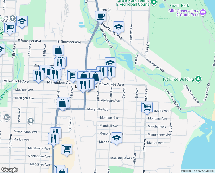 map of restaurants, bars, coffee shops, grocery stores, and more near 817 Milwaukee Avenue in South Milwaukee