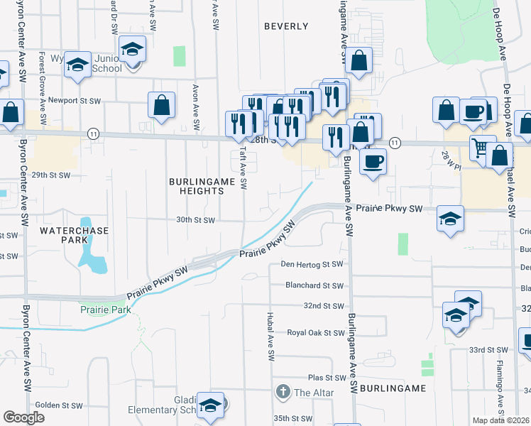 map of restaurants, bars, coffee shops, grocery stores, and more near 1845 30th Street Southwest in Wyoming