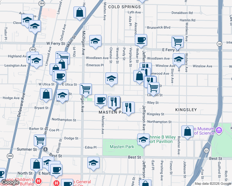 map of restaurants, bars, coffee shops, grocery stores, and more near 186 Laurel Street in Buffalo