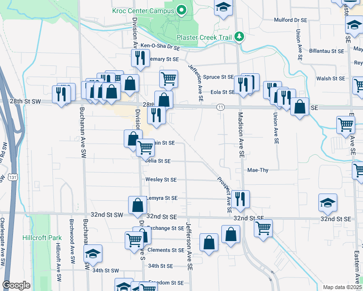 map of restaurants, bars, coffee shops, grocery stores, and more near 2933 Jefferson Avenue Southeast in Grand Rapids