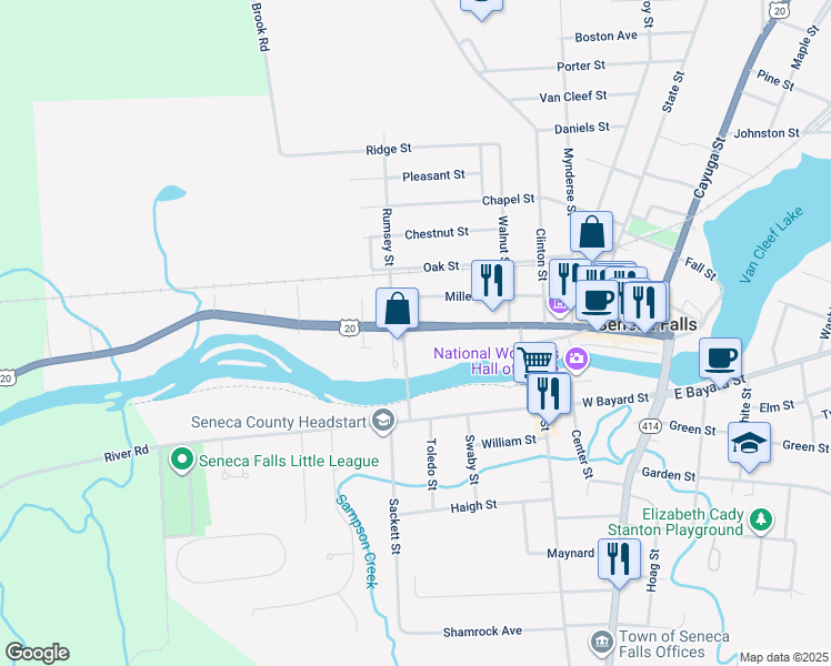 map of restaurants, bars, coffee shops, grocery stores, and more near 201 Fall Street in Seneca Falls