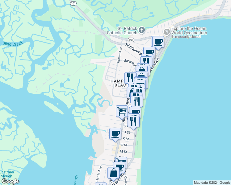 map of restaurants, bars, coffee shops, grocery stores, and more near 83 Brown Avenue in Hampton