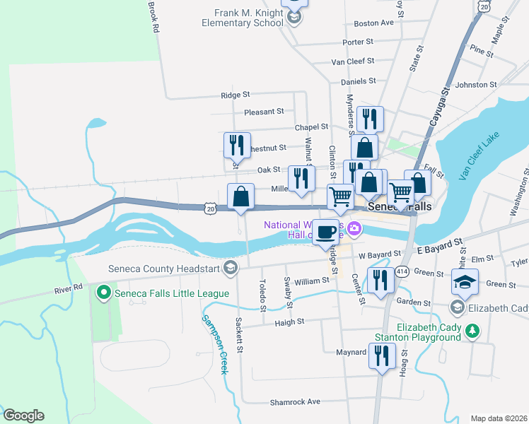 map of restaurants, bars, coffee shops, grocery stores, and more near 193 Fall Street in Seneca Falls