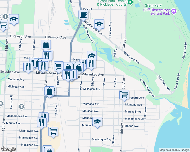 map of restaurants, bars, coffee shops, grocery stores, and more near 725 Milwaukee Avenue in South Milwaukee