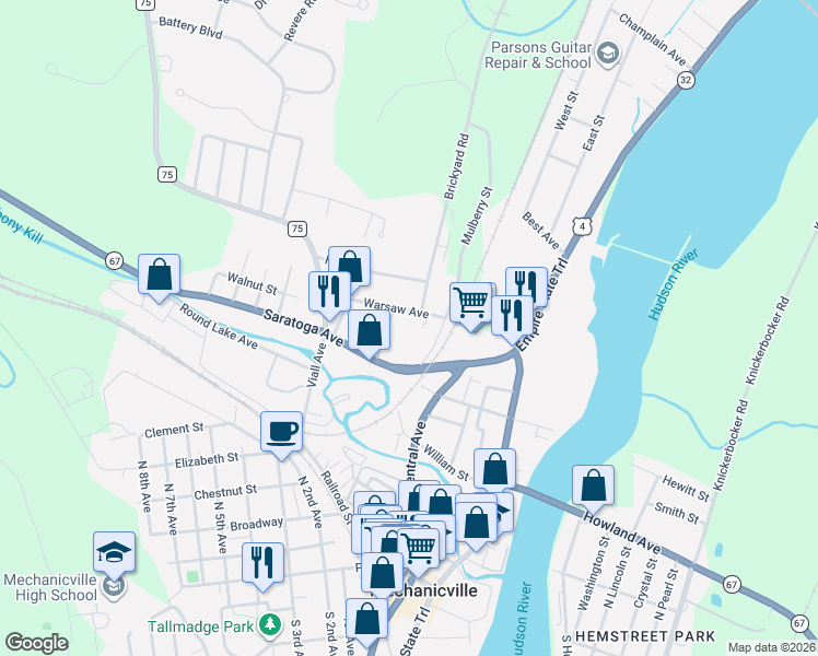 map of restaurants, bars, coffee shops, grocery stores, and more near 17 Warsaw Avenue in Mechanicville