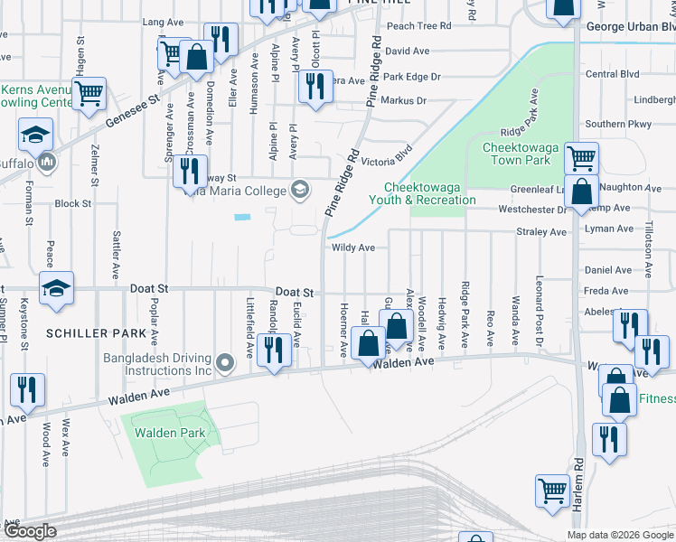 map of restaurants, bars, coffee shops, grocery stores, and more near 123 Hoerner Avenue in Buffalo