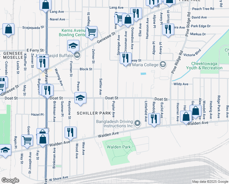 map of restaurants, bars, coffee shops, grocery stores, and more near in Buffalo