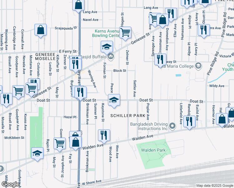 map of restaurants, bars, coffee shops, grocery stores, and more near 22 Theodore Street in Buffalo