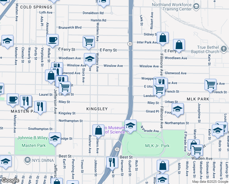 map of restaurants, bars, coffee shops, grocery stores, and more near 214 Landon Street in Buffalo