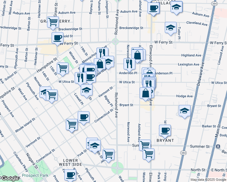 map of restaurants, bars, coffee shops, grocery stores, and more near 295 Richmond Avenue in Buffalo